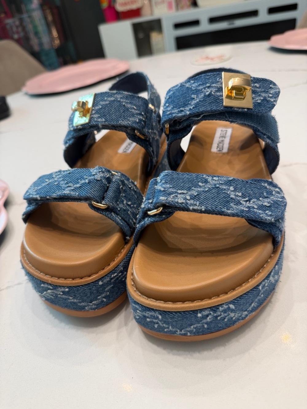 Steve Madden women’s Denim Platform Sandals in Blue with Gold Accent